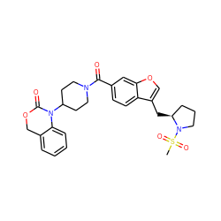 CS(=O)(=O)N1CCC[C@@H]1Cc1coc2cc(C(=O)N3CCC(N4C(=O)OCc5ccccc54)CC3)ccc12 ZINC000029210101