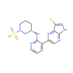 CS(=O)(=O)N1CCC[C@H](Nc2ncccc2-c2cnc3[nH]cc(Cl)c3n2)C1 ZINC000168687018