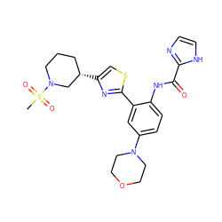 CS(=O)(=O)N1CCC[C@H](c2csc(-c3cc(N4CCOCC4)ccc3NC(=O)c3ncc[nH]3)n2)C1 ZINC001772626520