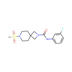 CS(=O)(=O)N1CCC2(CC1)CN(C(=O)Nc1cccc(F)c1)C2 ZINC000004238141