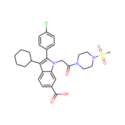 CS(=O)(=O)N1CCN(C(=O)Cn2c(-c3ccc(Cl)cc3)c(C3CCCCC3)c3ccc(C(=O)O)cc32)CC1 ZINC000028468105