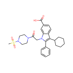 CS(=O)(=O)N1CCN(C(=O)Cn2c(-c3ccccc3)c(C3CCCCC3)c3ccc(C(=O)O)cc32)CC1 ZINC000013646572