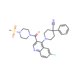 CS(=O)(=O)N1CCN(C(=O)c2cnc3ccc(F)cc3c2N2CCC(C#N)(c3ccccc3)CC2)CC1 ZINC001623300332