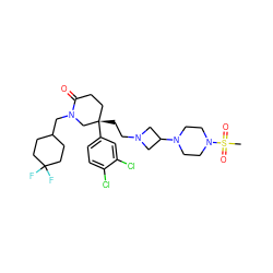 CS(=O)(=O)N1CCN(C2CN(CC[C@]3(c4ccc(Cl)c(Cl)c4)CCC(=O)N(CC4CCC(F)(F)CC4)C3)C2)CC1 ZINC000028369746