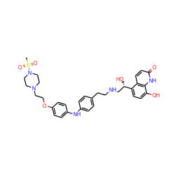 CS(=O)(=O)N1CCN(CCOc2ccc(Nc3ccc(CCNC[C@H](O)c4ccc(O)c5[nH]c(=O)ccc45)cc3)cc2)CC1 ZINC000114570150