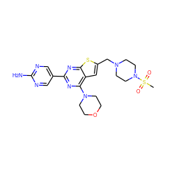 CS(=O)(=O)N1CCN(Cc2cc3c(N4CCOCC4)nc(-c4cnc(N)nc4)nc3s2)CC1 ZINC000082153071