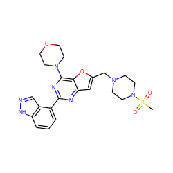 CS(=O)(=O)N1CCN(Cc2cc3nc(-c4cccc5[nH]ncc45)nc(N4CCOCC4)c3o2)CC1 ZINC000082153069