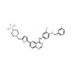 CS(=O)(=O)N1CCN(Cc2ccc(-c3ccc4ncnc(Nc5ccc(OCc6cccc(F)c6)c(Cl)c5)c4c3)o2)CC1 ZINC000096937291