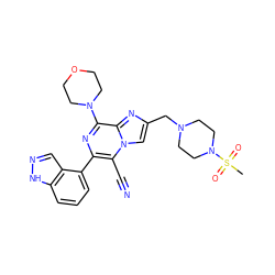 CS(=O)(=O)N1CCN(Cc2cn3c(C#N)c(-c4cccc5[nH]ncc45)nc(N4CCOCC4)c3n2)CC1 ZINC000073296022