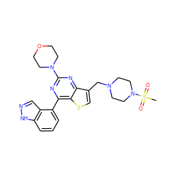 CS(=O)(=O)N1CCN(Cc2csc3c(-c4cccc5[nH]ncc45)nc(N4CCOCC4)nc23)CC1 ZINC000205711463