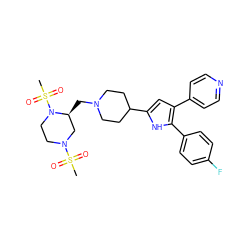 CS(=O)(=O)N1CCN(S(C)(=O)=O)[C@@H](CN2CCC(c3cc(-c4ccncc4)c(-c4ccc(F)cc4)[nH]3)CC2)C1 ZINC000029125912