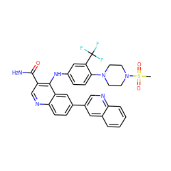 CS(=O)(=O)N1CCN(c2ccc(Nc3c(C(N)=O)cnc4ccc(-c5cnc6ccccc6c5)cc34)cc2C(F)(F)F)CC1 ZINC000653754009