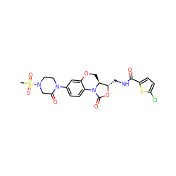 CS(=O)(=O)N1CCN(c2ccc3c(c2)OC[C@H]2[C@H](CNC(=O)c4ccc(Cl)s4)OC(=O)N32)C(=O)C1 ZINC000299823278