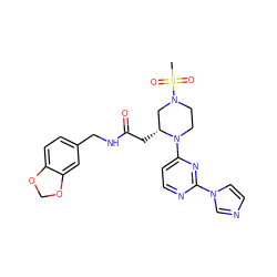 CS(=O)(=O)N1CCN(c2ccnc(-n3ccnc3)n2)[C@H](CC(=O)NCc2ccc3c(c2)OCO3)C1 ZINC000035273979