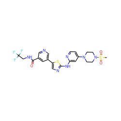 CS(=O)(=O)N1CCN(c2ccnc(Nc3ncc(-c4cncc(C(=O)NCC(F)(F)F)c4)s3)c2)CC1 ZINC000043151895