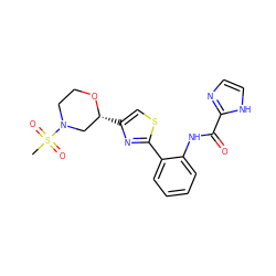 CS(=O)(=O)N1CCO[C@H](c2csc(-c3ccccc3NC(=O)c3ncc[nH]3)n2)C1 ZINC000584905091