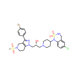 CS(=O)(=O)N1CCc2c(c(-c3ccc(Br)cc3)nn2C[C@H](O)CN2CCC(N3c4ccc(Cl)cc4CNS3(=O)=O)CC2)C1 ZINC000034804947