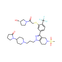 CS(=O)(=O)N1CCc2c(c(-c3ccc(C(F)(F)F)c(SCC(=O)N4CC[C@H](O)C4)c3)nn2CCCN2CCC(N3CCCC3=O)CC2)C1 ZINC000049777438