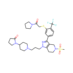 CS(=O)(=O)N1CCc2c(c(-c3ccc(C(F)(F)F)c(SCC(=O)N4CCCC4)c3)nn2CCCN2CCC(N3CCCC3=O)CC2)C1 ZINC000049802158