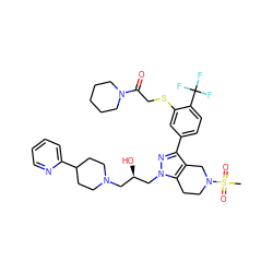 CS(=O)(=O)N1CCc2c(c(-c3ccc(C(F)(F)F)c(SCC(=O)N4CCCCC4)c3)nn2C[C@H](O)CN2CCC(c3ccccn3)CC2)C1 ZINC000049793337