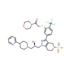 CS(=O)(=O)N1CCc2c(c(-c3ccc(C(F)(F)F)c(SCC(=O)N4CCOCC4)c3)nn2C[C@H](O)CN2CCC(c3ccccn3)CC2)C1 ZINC000049777436