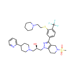 CS(=O)(=O)N1CCc2c(c(-c3ccc(C(F)(F)F)c(SCCN4CCCCC4)c3)nn2C[C@H](O)CN2CCC(c3ccccn3)CC2)C1 ZINC000049802154