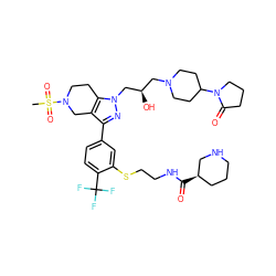 CS(=O)(=O)N1CCc2c(c(-c3ccc(C(F)(F)F)c(SCCNC(=O)[C@@H]4CCCNC4)c3)nn2C[C@H](O)CN2CCC(N3CCCC3=O)CC2)C1 ZINC000095538459