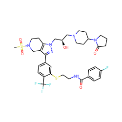 CS(=O)(=O)N1CCc2c(c(-c3ccc(C(F)(F)F)c(SCCNC(=O)c4ccc(F)cc4)c3)nn2C[C@H](O)CN2CCC(N3CCCC3=O)CC2)C1 ZINC000095539329