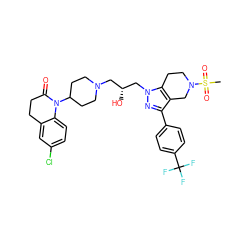 CS(=O)(=O)N1CCc2c(c(-c3ccc(C(F)(F)F)cc3)nn2C[C@H](O)CN2CCC(N3C(=O)CCc4cc(Cl)ccc43)CC2)C1 ZINC000034804907