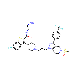 CS(=O)(=O)N1CCc2c(c(-c3ccc(C(F)(F)F)cc3)nn2CCCN2CCC(c3c(C(=O)NCCN)sc4cc(F)ccc34)CC2)C1 ZINC000028824397