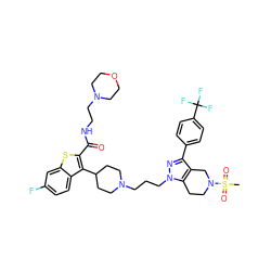 CS(=O)(=O)N1CCc2c(c(-c3ccc(C(F)(F)F)cc3)nn2CCCN2CCC(c3c(C(=O)NCCN4CCOCC4)sc4cc(F)ccc34)CC2)C1 ZINC000095607449