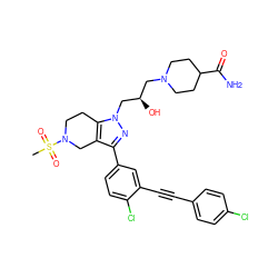 CS(=O)(=O)N1CCc2c(c(-c3ccc(Cl)c(C#Cc4ccc(Cl)cc4)c3)nn2C[C@H](O)CN2CCC(C(N)=O)CC2)C1 ZINC000049695075