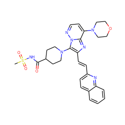 CS(=O)(=O)NC(=O)C1CCN(c2c(/C=C/c3ccc4ccccc4n3)nc3c(N4CCOCC4)ccnn23)CC1 ZINC001772592411