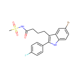 CS(=O)(=O)NC(=O)CCCc1c(-c2ccc(F)cc2)[nH]c2ccc(Br)cc12 ZINC000029041408