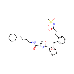 CS(=O)(=O)NC(=O)CCc1ccccc1C[C@@H]1[C@H]2CC[C@@H](O2)[C@@H]1c1nc(C(=O)NCCCCC2CCCCC2)co1 ZINC000169304576