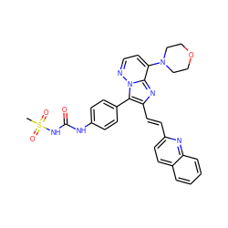 CS(=O)(=O)NC(=O)Nc1ccc(-c2c(/C=C/c3ccc4ccccc4n3)nc3c(N4CCOCC4)ccnn23)cc1 ZINC001772638994