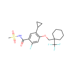 CS(=O)(=O)NC(=O)c1cc(C2CC2)c(OCC2(C(F)(F)F)CCCCC2)cc1F ZINC000216239409