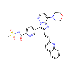 CS(=O)(=O)NC(=O)c1ccc(-c2c(/C=C/c3ccc4ccccc4n3)nc3c(N4CCOCC4)ccnn23)cn1 ZINC000223040362