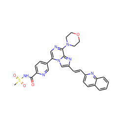 CS(=O)(=O)NC(=O)c1ccc(-c2cnc(N3CCOCC3)c3nc(/C=C/c4ccc5ccccc5n4)cn23)cn1 ZINC001772617061