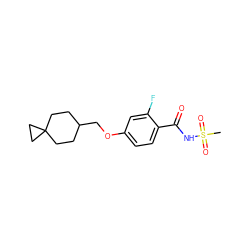 CS(=O)(=O)NC(=O)c1ccc(OCC2CCC3(CC2)CC3)cc1F ZINC000261083136