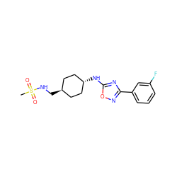 CS(=O)(=O)NC[C@H]1CC[C@H](Nc2nc(-c3cccc(F)c3)no2)CC1 ZINC000261175847