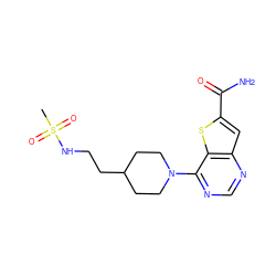 CS(=O)(=O)NCCC1CCN(c2ncnc3cc(C(N)=O)sc23)CC1 ZINC000095590722