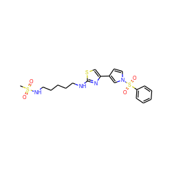 CS(=O)(=O)NCCCCCNc1nc(-c2ccn(S(=O)(=O)c3ccccc3)c2)cs1 ZINC000073158906