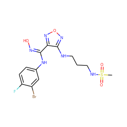 CS(=O)(=O)NCCCNc1nonc1/C(=N\O)Nc1ccc(F)c(Br)c1 ZINC000113205615