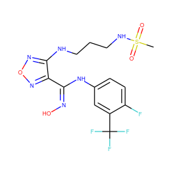 CS(=O)(=O)NCCCNc1nonc1/C(=N\O)Nc1ccc(F)c(C(F)(F)F)c1 ZINC000113208934