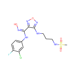 CS(=O)(=O)NCCCNc1nonc1/C(=N\O)Nc1ccc(F)c(Cl)c1 ZINC000113207392