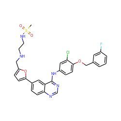 CS(=O)(=O)NCCNCc1ccc(-c2ccc3ncnc(Nc4ccc(OCc5cccc(F)c5)c(Cl)c4)c3c2)o1 ZINC000096937285