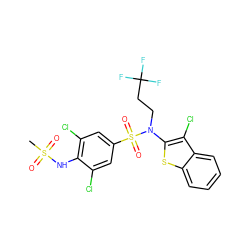 CS(=O)(=O)Nc1c(Cl)cc(S(=O)(=O)N(CCC(F)(F)F)c2sc3ccccc3c2Cl)cc1Cl ZINC000115231187