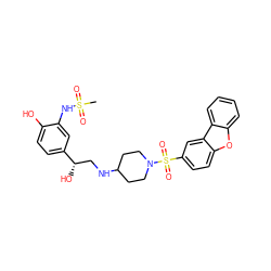 CS(=O)(=O)Nc1cc([C@@H](O)CNC2CCN(S(=O)(=O)c3ccc4oc5ccccc5c4c3)CC2)ccc1O ZINC000026279537