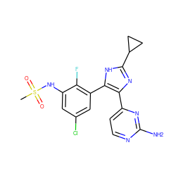 CS(=O)(=O)Nc1cc(Cl)cc(-c2[nH]c(C3CC3)nc2-c2ccnc(N)n2)c1F ZINC000096174571
